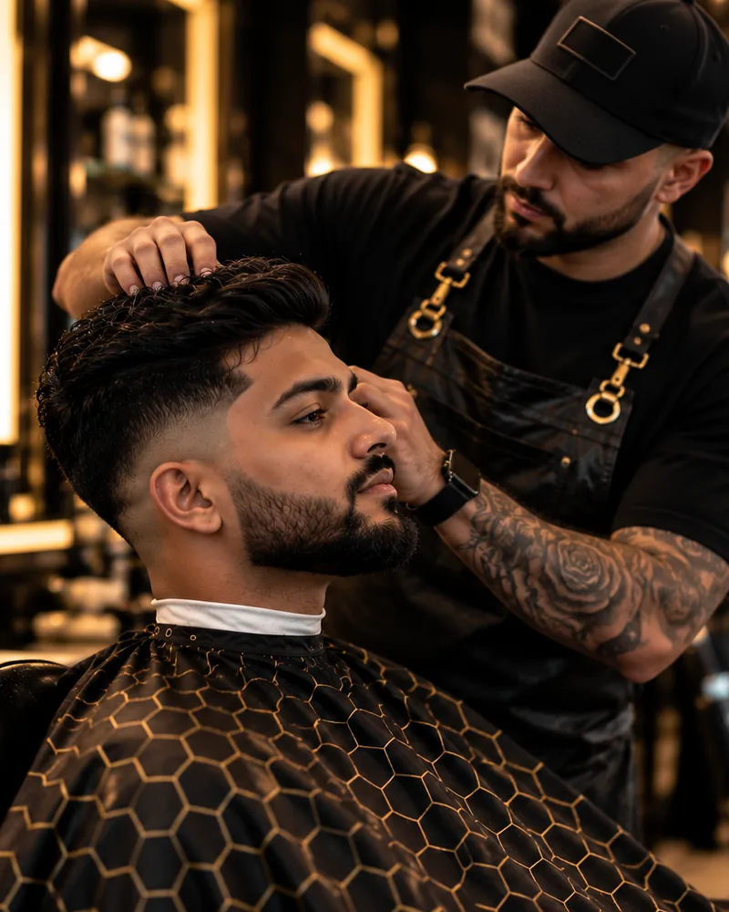 A barber shaping the top of a mid fade