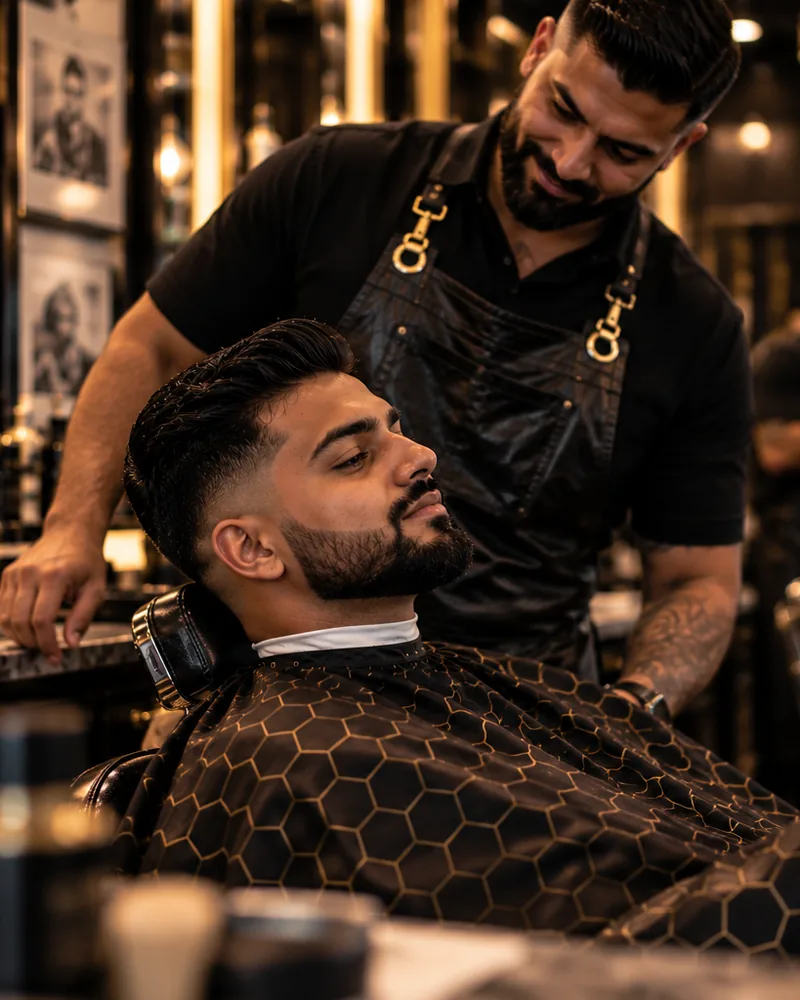 A client checks his finished fade in a hand mirror while the barber looks on