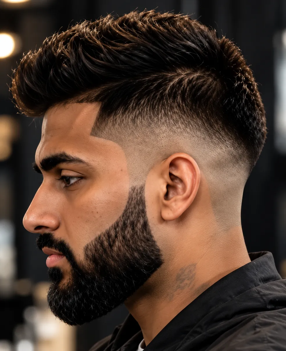 A high skin fade with a textured top and a full beard