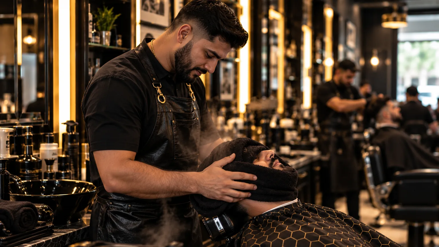 A barber wraps a client in a hot towel before a shave