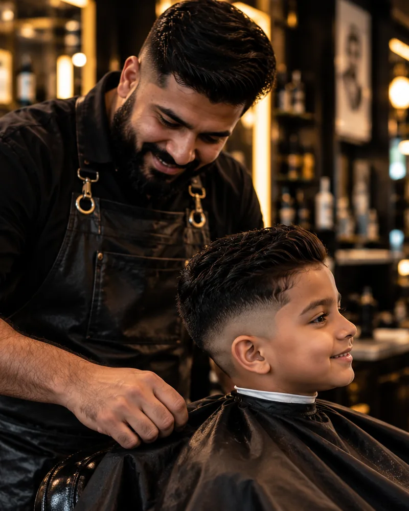 A smiling boy with a fresh fade in the barber chair