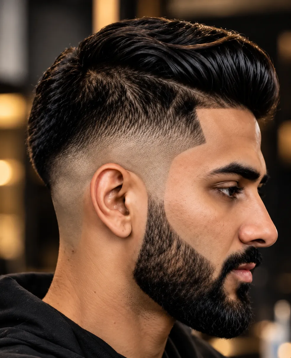 A fade with a sharp line-up, a shaved part and a full beard