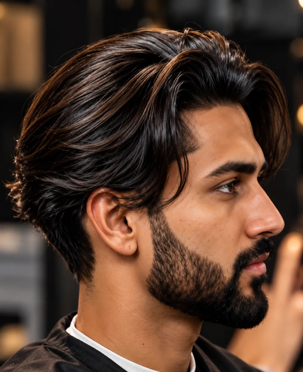 A longer layered men's haircut swept back, with a beard