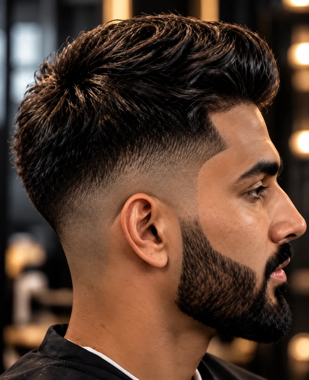 A low fade haircut with a short textured top