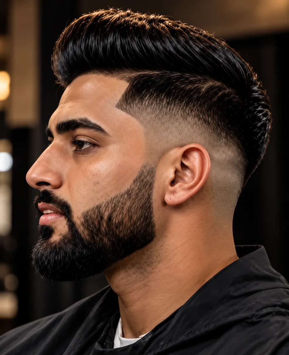 A signature fade men's haircut with a full beard, side view