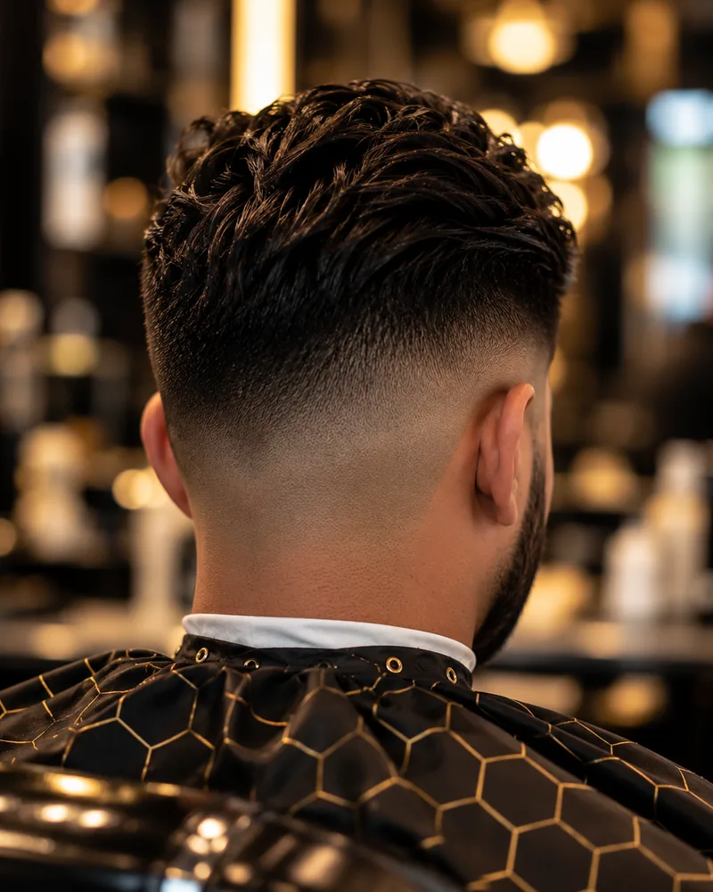 The back of a fresh skin fade with a textured top