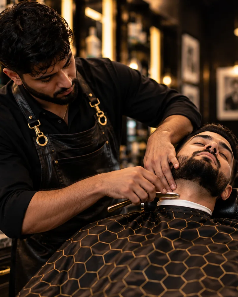 A barber lines up a full beard with a straight razor